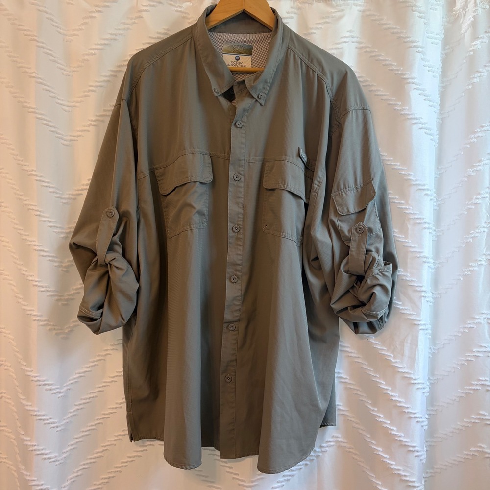 Ocean Coast Advantage Mens 3X Fishing Shirt Olive Green Roll Tab Ventilated Back